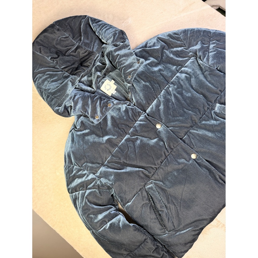 Lili Sidonio Womens Velvet Corduroy Puffer Jacket Small Blue Hooded Quilted Coat - Picture 6 of 12